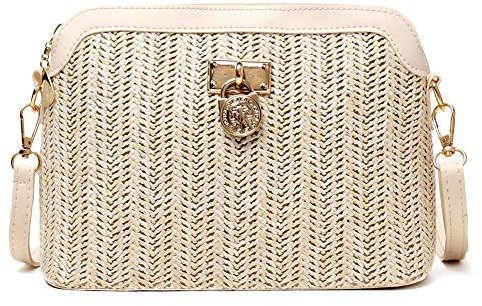 XIANXIAN Stroh Umhängetaschen Frauen Stroh Clutch Taschen Strandtasche Strohtasche Crossbody Strand Tasche für Damen Mädchen Frau Umhängetasche, 23CM*17CM*11CM, Weiß