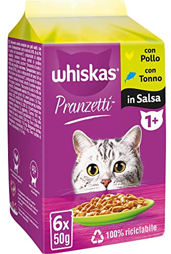 WHISKAS PRANZETTI Cibo Umido in Salsa per Gatti Adulti 6x50g Carne & Pesce, confezione da 12