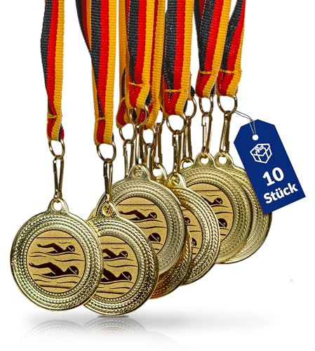 Pokal-Fabrik - Schwimm-Medaillen 10er Set Metall - Schwimmermedaille golden zum Umhängen für Siegerehrungen - Medaillen Kinder mit Deutschlandband & Emblem für Vereine & Turniere