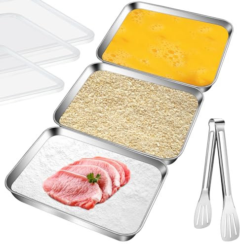 Aemygo Juego de 3 bandejas de acero inoxidable con tapas, sartenes a prueba de polvo con pinzas para dragar pechugas de pollo, marinar carne, bandejas de preparación de alimentos, aptas para horno y