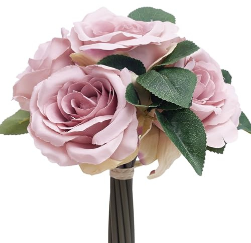 The Baked Studio - Großer, handgebundener Seidenrosen Kunstblumen, 6-teiliges Bouquet für Kuchendekoration, Heimdekoration, Hochzeiten, Brautsträuße und Bastelarbeiten (Altrosa)
