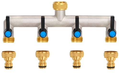 OPERMAXER 4-Wege Wasserhahn Wasserverteiler, Verlängerter Griff, 3/4 Zoll Messing Wasseranschluss Verteiler mit individuellem Absperrhähnen，4er Verteiler 3/4 Adapter 1/2 für Geräte/Gartenschläuche
