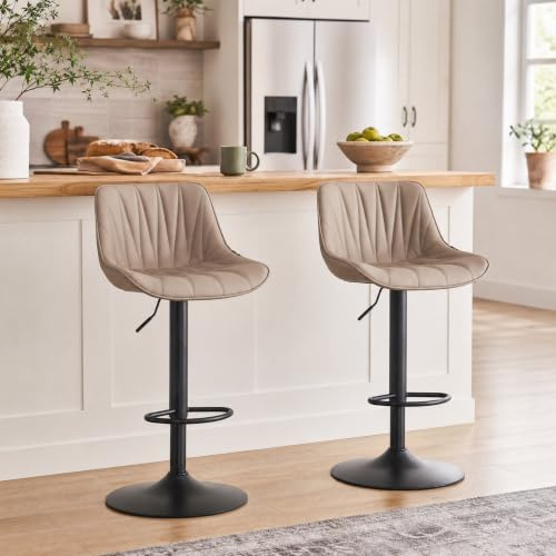 YOUNIKE Bar Stools Set of 2, Swivel Tall Barstools with Back, Adjustable Height Faux Leather Upholstered Modern Counter Height Bar Chairs, Khaki