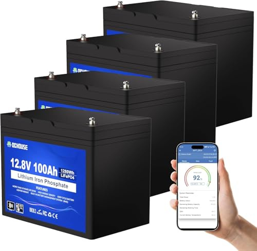 DCHOUSE 4 Pack 12V 100Ah Bluetooth LiFePO4 Batterie für Trolling Motor | 100A BMS LIthium, Mit Tieftemperaturschutz, bis zu 15000 Zyklen, ideal für Marine, Boote, Camping, Off-Grid- und Solaranlagen