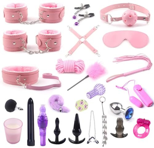 Bõndägë Set Set bondage sadomaso da 25 pezzi con manette in pelle, perline anali, plug coda e anelli vibratori per pene Per Giochi per adulti.