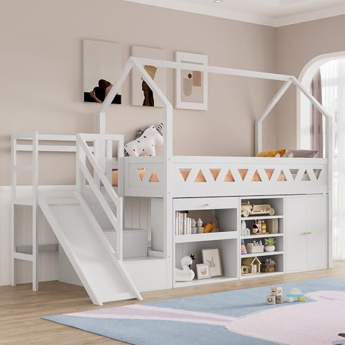 Huayz Cuna 90 × 200 cm, cama individual, cama infantil multifuncional, con tobogán y escaleras, con cajones y taquillas, con puerta magnética, sin colchón, madera maciza, color blanco