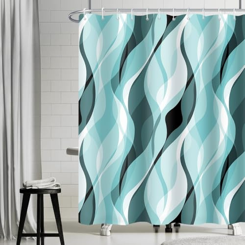 Uiiooazy Duschvorhang 180x180cm Anti Schimmel Gestreift Türkis Gemustert | Duschvorhang Gradient Blau Grün Streifen Wasserdicht Stoff Polyester Waschbar Bad Vorhang mit 12 Haken für Badezimmer