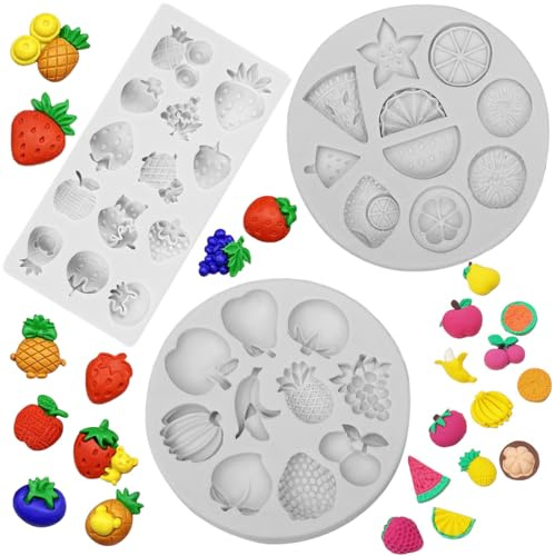 3 PCS Fruit Shaped Silicone Molds Fruit Shaped Jelly Fondant Mini Chocolate Mold Strawberry Candy Mold Soap Embed Molds for Cupcake Topper Cake Decoration Supplies