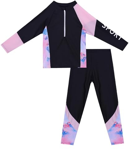 SEAUR Baddräkt flicka lång tvådelad baddräkt Rash Guard badmode 1/2 dragkedja långärmad tröja och byxor badkläder för barn strand simning surfing – 3–12 år, Svart (med dynor), 11-12 år
