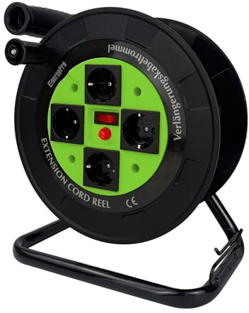 EnergyPro DL616B-EU Kabeltrommel leer IP44 4-fach Schuko Steckdosen, manueller Kabelaufroller mit klappbarem Griff, Leertrommel ohne Kabel