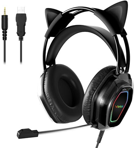 Wantak Auricolari Gaming con Microfono – Cuffie a Forma di Orecchie di Gatto (Cavo 3.5mm/USB) – Per PC/PS5/Xbox – Cancellazione del Rumore, Audio HiFi 20-20.000Hz – Leggeri e Comodi per Ragazze (Nero)