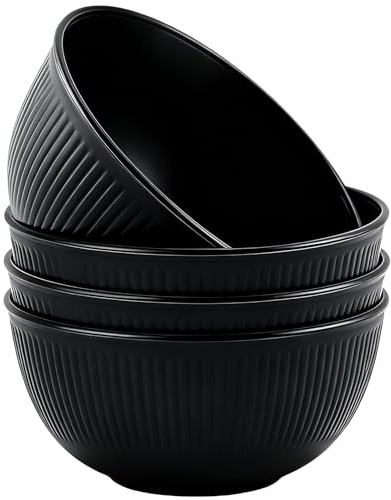 4 Pcs Unbreakable Cereal Bowls, 24 OZ Reusable Lightweight Plastic Bowl | Soup and Salad Bowls for Rice Noodle Snack Fruit, Dishwasher & Microwave Safe (4 Black)