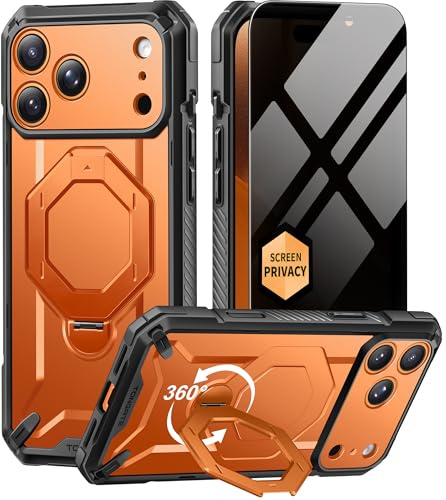 Tongate for iPhone 17 Pro Case with 360° Spin Magnetic Stand, [Compatible with MagSafe][Military-Grade Protection] with Privacy Screen Protector & Camera Control Cover for iPhone 17 Pro, Orange