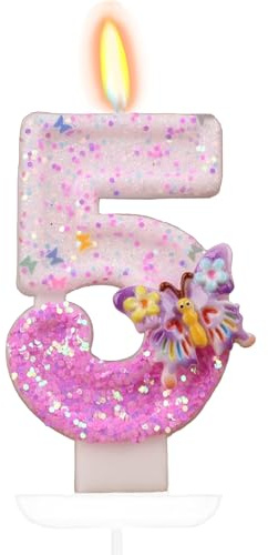 Tourima Kerze 5 Geburtstag Mädchen & Junge, Glitzer Zahlenkerze Schmetterling, Geburtskerzen Zahlen Kinder, Tortendeko Geburtstag Kuchenkerzen, Geburtsdeko 5 Jahre Mädchen Junge, Kerzen Torte