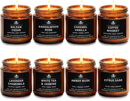 8 Pack Soy Wax Scented Candles Gift Set, Aromatherapy Candles with Lavender Chamomile, Citrus Sage, Caramel Vanilla, Coffee Whiskey, Long Lasting Stress Relief Candle, Unisex Home & Gift Set