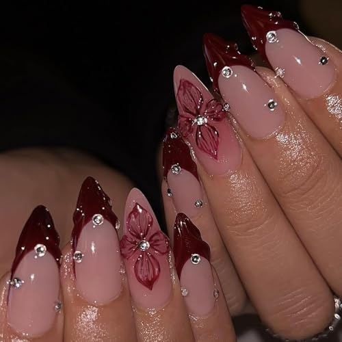 Aribliseza Press On Nails 24 pezzi, French Tip Almond Nails, Unghie finte medie con fiori e design 3D cristallo diamante, Unghie finte lucide riutilizzabili con adesivi per manicure femminile