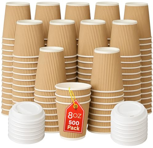 Disposable Coffee Cups With Lids 500 x 8oz (227ml) | Takeaway Ripple Kraft Paper Cups for Hot & Cold Drinks | Triple Wall Insulated Disposable Leak-Proof Drinking Cups for Coffee Shops & Office Use