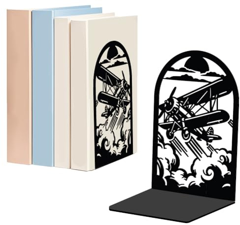 WADORN 1 Paar Flugzeug Metall Dekorativ Buchstütze für Regale, Hochleistungs Bücher Enden Modern Nichtrutsch Bücherständer Schwarz Buch Unterstützung Stopper für Schreibtisch Bücherregal 13.5x11x20cm