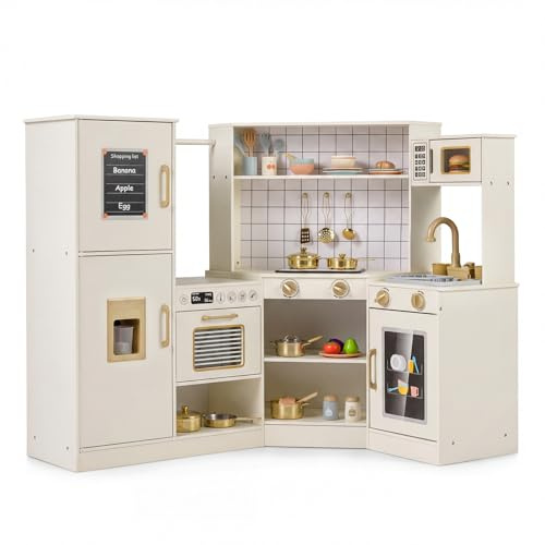 DREAMADE Kinderküche mit Licht und Sound, Eck Spielküche aus Holz mit Herd, Wasserhahn, Mikrowelle, Ofen, Eismaschine & Geschirrspüler, Küchenspielzeug mit 11 TLG. Zubehör für Kinder ab 3 Jahren