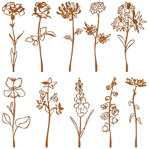 10er Set Gartenstecker Rost, Gartendeko Für Draußen Wetterfest Metall | Frühlings Blumenstecker, Gartenstecker Metall Rosts, Blumes Rost Deko für Garten Outdoor Hof Rasen Garten Dekoration