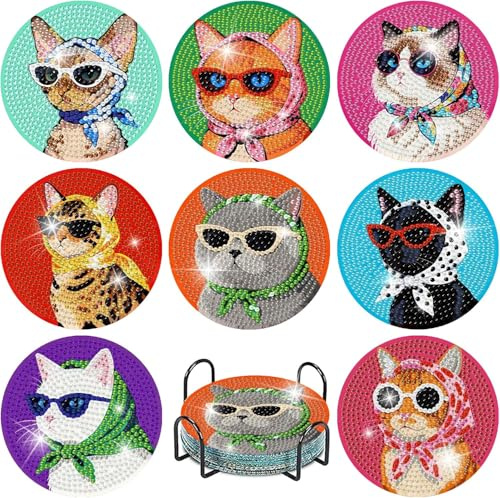8 Pcs Cat Diamond Painting Coasters Kits with Holder for Adults,Cat Wearing Glasses Diamond Art Coasters with Wooden Pad,DIY Full Round Drill Gem Drink Coaster Art Craft for Home Decor 4x4 Inch.