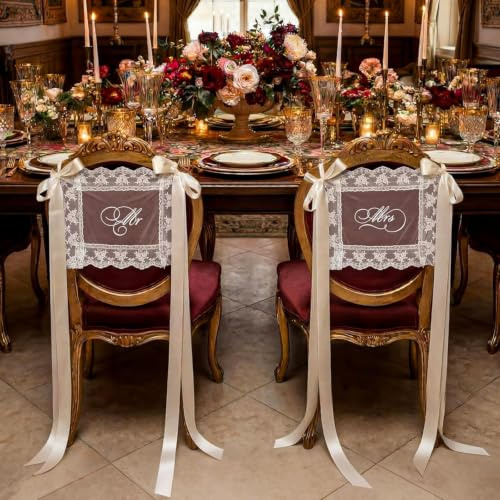 Kireida Wedding Signs Mr Mrs Stuhldeko Hochzeit Set 1 Paar Mit Satin Bändern Tüll Weiß Stuhlhussen Spitze Stuhldekoration Braut Bräutigam Chair Banner Foto Requisite