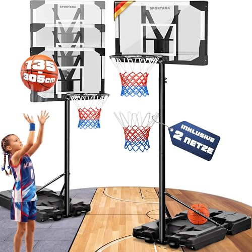 SPORTANA® Canasta Baloncesto Exterior Altura Regulable 135-305 cm con Soporte Portátil Resistente Intemperie Base Rellenable 60 kg 2 Ruedas Estable Aro Amortiguador Ø45 cm Niños Adultos