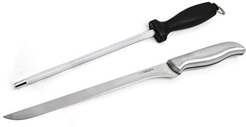 FACKELMANN Nirosta Saphir Set Cuchillo Jamonero + Chaira, cuchillo enterizo de acero inoxidable, chaira con parte funcional en inox., mango ABS negro, cuchillo: 35x3x2,5cm, chaira: 31x3,5x2cm, 1ud.