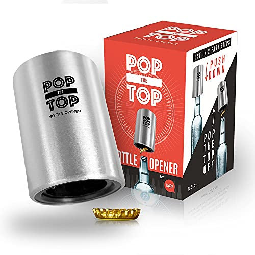 Taza Pop-The-Top Beer Bottle Opener (Rustproof): Push Down, Pop Off Bottlecaps No Damage - by Taza