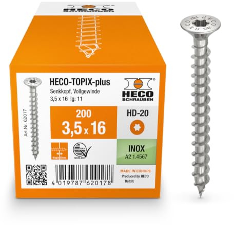 HECO-TOPIX-plus Holzschraube 3,5 x 16, Senkkopf mit Frästaschen, HECO-Drive, HD-20, variables Vollgewinde, Edelstahl A2, 200 Stück