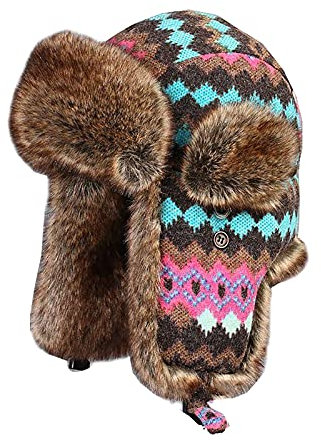 WHSPORT Erwachsene Kinder Winter Strick Ski FliegermüTze Pilot Jagd Trapper Cap Outdoor Schneehut Warme Dicke GefüTterte OhrenschüTzer (Color : Brown Hair, Size : 58cm/22.83in)