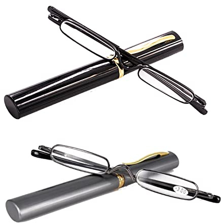 MMOWW 2 Pair Mini Compact Reading Glasses for Men Women Superlight Metal | Pocket Readers, Portable Pen Cases