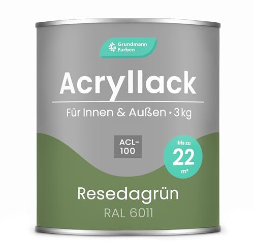 Grundmann Acryllack ACL 100 - Grün 3 Kg - 4in1 Lack inkl. Grundierung - Innen und Außen - Für Holz, Metall, Stein & Kunststoff - Resedagrün RAL 6011