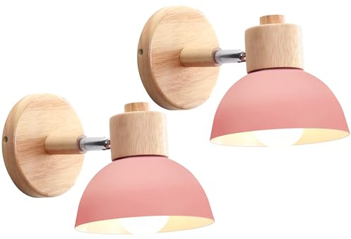 iDEGU 2 stycken vägglampor modern inomhus vägglampa av trä metall halvcirkel lampskärm E27 justerbar väggspot vintage lampa för sovrum vardagsrum (2 lampor, rosa)