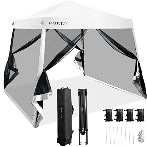 COSTWAY Tonnelle Pliante 3 M x 3 M Imperméable Protection UV, Tente avec Parois Latérales en Maille Jambes Inclinées Sac de Transport, Réglable en Hauteur, pour Patio, Camping (Blanc)