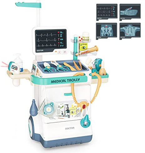 Medizinisches Spielzeug Doktor Spielzeug Set für Jungen & Mädchen Mobile Cart mit Lichtern, Eye Chart, Thermometer, Stethoskop, Puls Maschine, großes Geschenk für Kleinkinder (26PCS Doctor Toys)