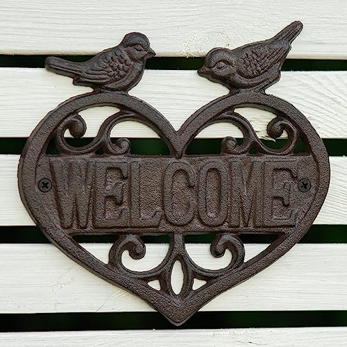 Woodside Cast Iron Heart Shape Wall Mounted Welcome Sign for Garden & Home, Decorative Bird Design, Indoor/Outdoor