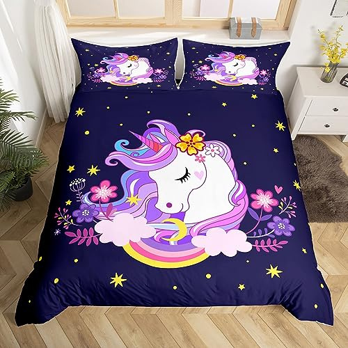 Loussiesd Set di biancheria da letto per bambini con unicorno, copripiumino matrimoniale con cerniera, viola, rosa, giallo e arcobaleno, motivo unicorno fiori e cavalli