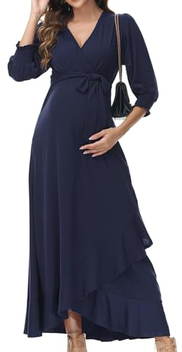 KOJOOIN Robe de grossesse pour femme - Col en V - Manches courtes - Robe de grossesse avec volants - Robe florale (emballage réutilisable), fleurs bleu foncé, S