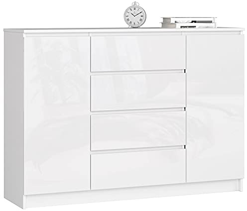 AKORD Kommode K 140 cm 4 Schubladen und 2 Türen | zum Wohnzimmer Schlafzimmer Arbeitszimmer | Modernes funktionales Design | Schichtstoffplatte Farbe weiß glänzend