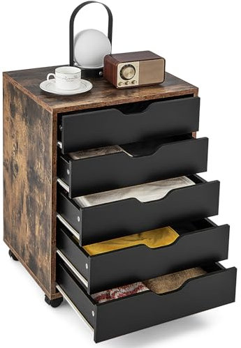 GOPLUS Schubladenschrank mit Rollen, Rollcontainer mit 5 Schubladen, Griffmulden, mobiler Bürocontainer, Aktenschrank Rollschrank für Schlafzimmer Arbeitszimmer Büro (Braun)