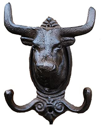 HASMI Wandgarderobe Retro Mantelhaken Rustikale Bullkopf Gusseisen Wandhaken mit Zwei Kleiderbügel Home Garten Dekor Tierkopf Figuren Metall Wandhaken Kleiderhaken Wand
