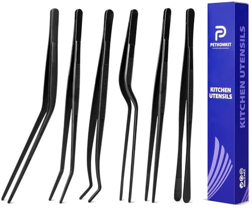 Kitchen Tweezer Tongs Set,6 Pcs Kitchen Tweezers,8 Cooking Tweezers Set,Stainless-Steel Food Chef Culinary Tweezers Tongs for Baking Decorating Feeding Plating,Black