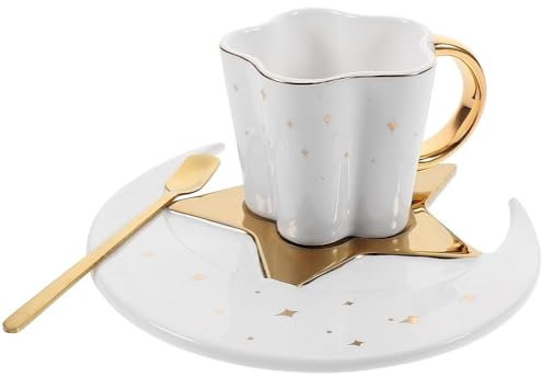 FülleMore Kaffeetasse mit Untertasse und Löffel Set Süß Stern Mond Teetasse Europäische Espressotasse 120ml Cappuccino Tasse Mochatasse Valentinstag Weihnachten Geburtstag Geschenk (Weiß)