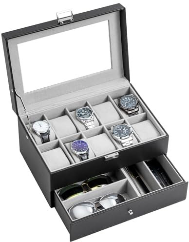 ProCase 2 Schichten Uhrenbox Schmuck Uhr Aufbewahrungsbox mit Glasdeckel, Uhrenkasten schmuckkästchen Uhrenkoffer 10 Fächer und 1 Schublade für Uhren Ringe Armbänder -Schwarz