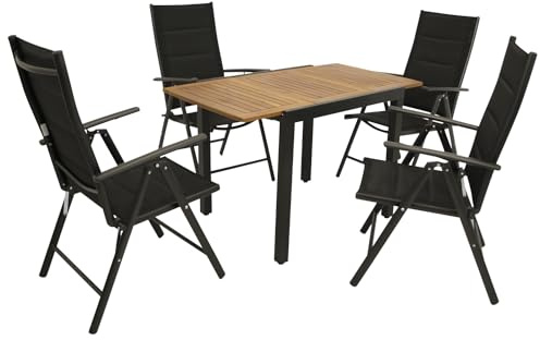 DEGAMO Gartengarnitur Vicenza 5-teilig, 4X Hochlehner Klappsessel anthrazit und 1x Ausziehtisch Aluminium mit Tischplatte Akazie 80/120x70cm, Outdoor