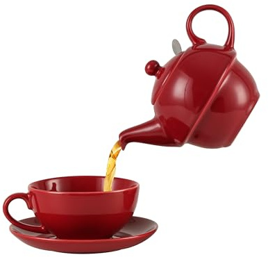 London Pottery Globe Filter Teapot, Cup and Saucer, for One Set, Ceramic, Red, for Loose Leaf Tea, Gift (Teapot-16.9 fl.oz/500 ML, Cup-10.1 fl.oz/300ML)