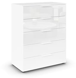 Rauch Möbel Flipp, Kommode, Farbe Glas Weiß, Breite 80 cm | Sideboard, 5 Schubladen, Soft-Close-Funktion, für Schlafzimmer, Gästezimmer, Wohnzimmer, Garderobe, Flur