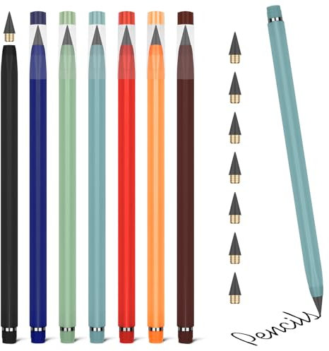 Vicloon Tintenlose Bleistifte Ewig, 7 Stück Ewiger Bleistift Mit Radiergummi, Ersatzspitzen, Unendlicher Zum Schreiben, Zeichnen, Wiederverwendbar