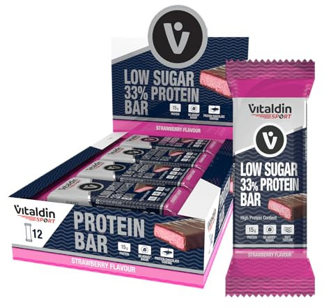 VITALDIN SPORT Low Sugar 33% Protein Bar Fraise – Barres Protéinées – 12u x 45g – Barre Energetique Sport Avec Proteines Pour Musculation – Proteine Vegan – Contribue la croissance de ton muscle.